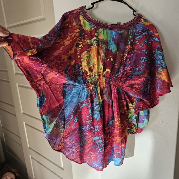 BIBA Vintage Rainbow Watercolor Style Abstract Paint Splatter Batwing Top - Picture 6 of 16